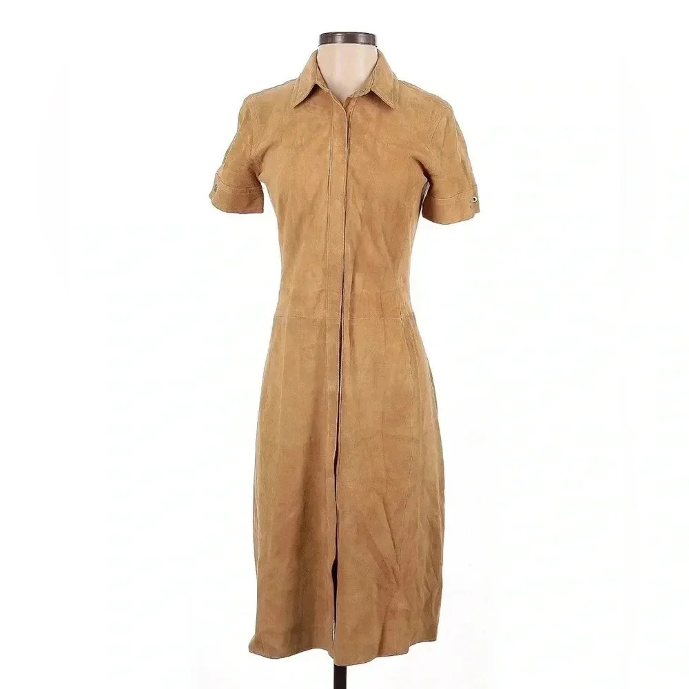 Vintage Coach Suede Leather Shirt Dress Snap Front Button Up Camel 6 Small S NEW